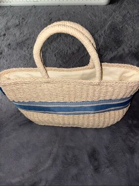 Urban Expressions Neutral Straw Tote with Blue Stripe and Strap
